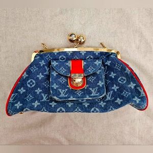 Monogram denim kiss lock brass studs clutch bag beautiful high quality